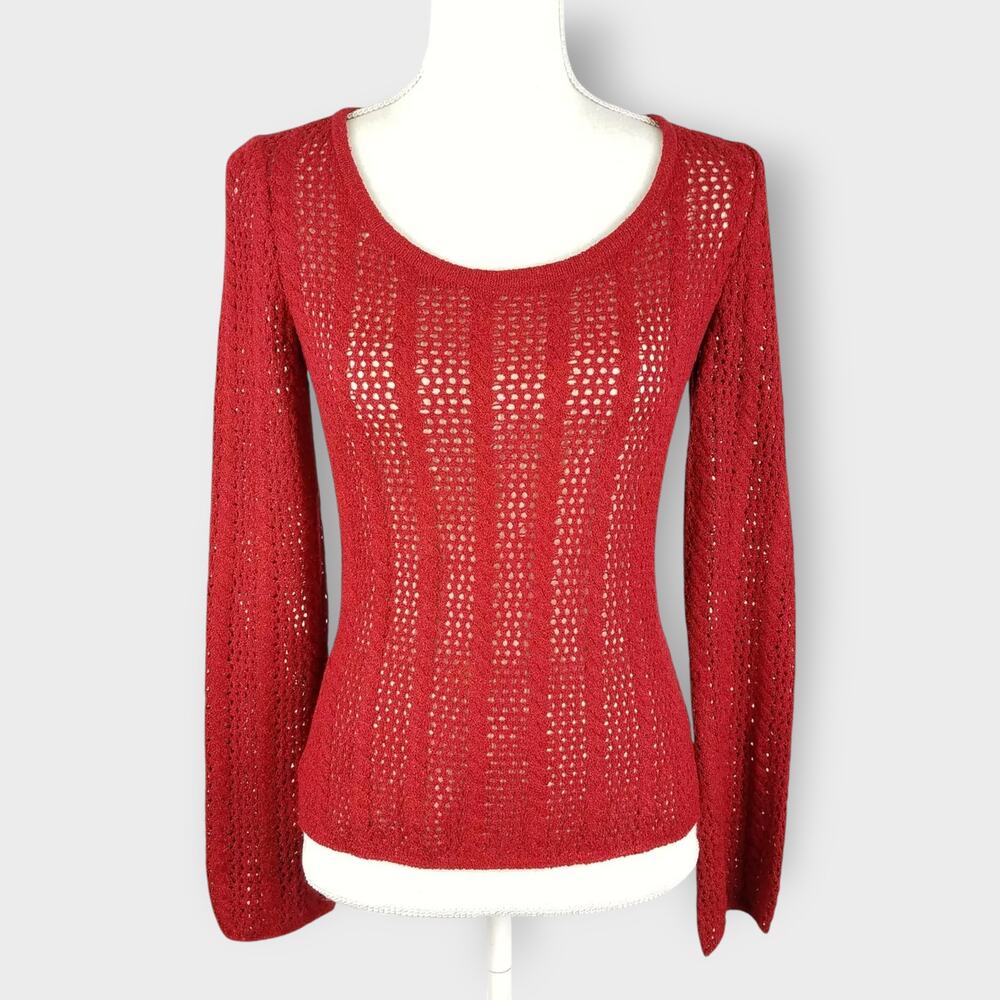 St. John Sport Crocheted Sweater Scoop Neck Bell Sleeves Red Size Petite